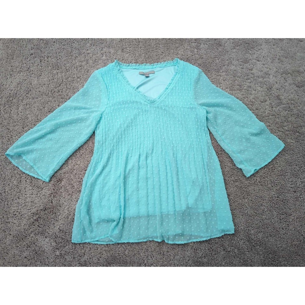 Valerie Stevens Blouse Womens M‎ Blue 3/4 Sleeve Pintuck Pleats Lace Sheer Lined